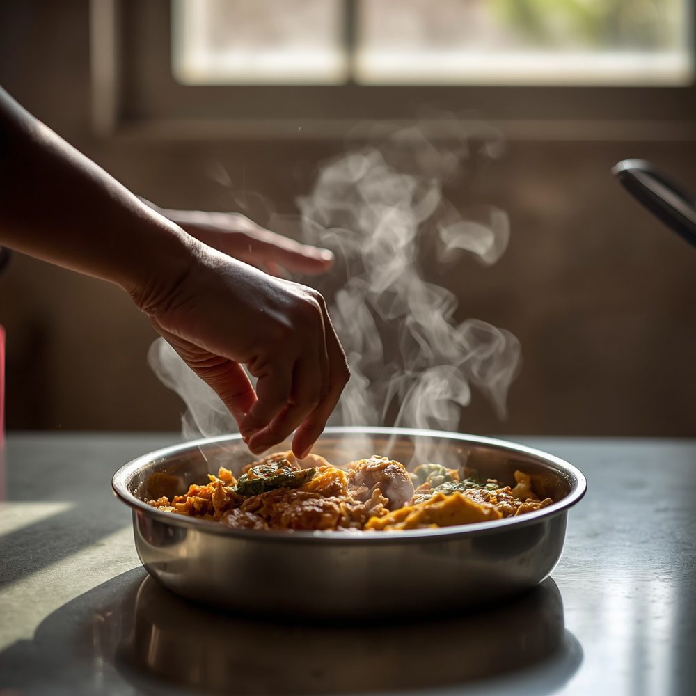 Fresh home-style food being plated in a clean kitchen